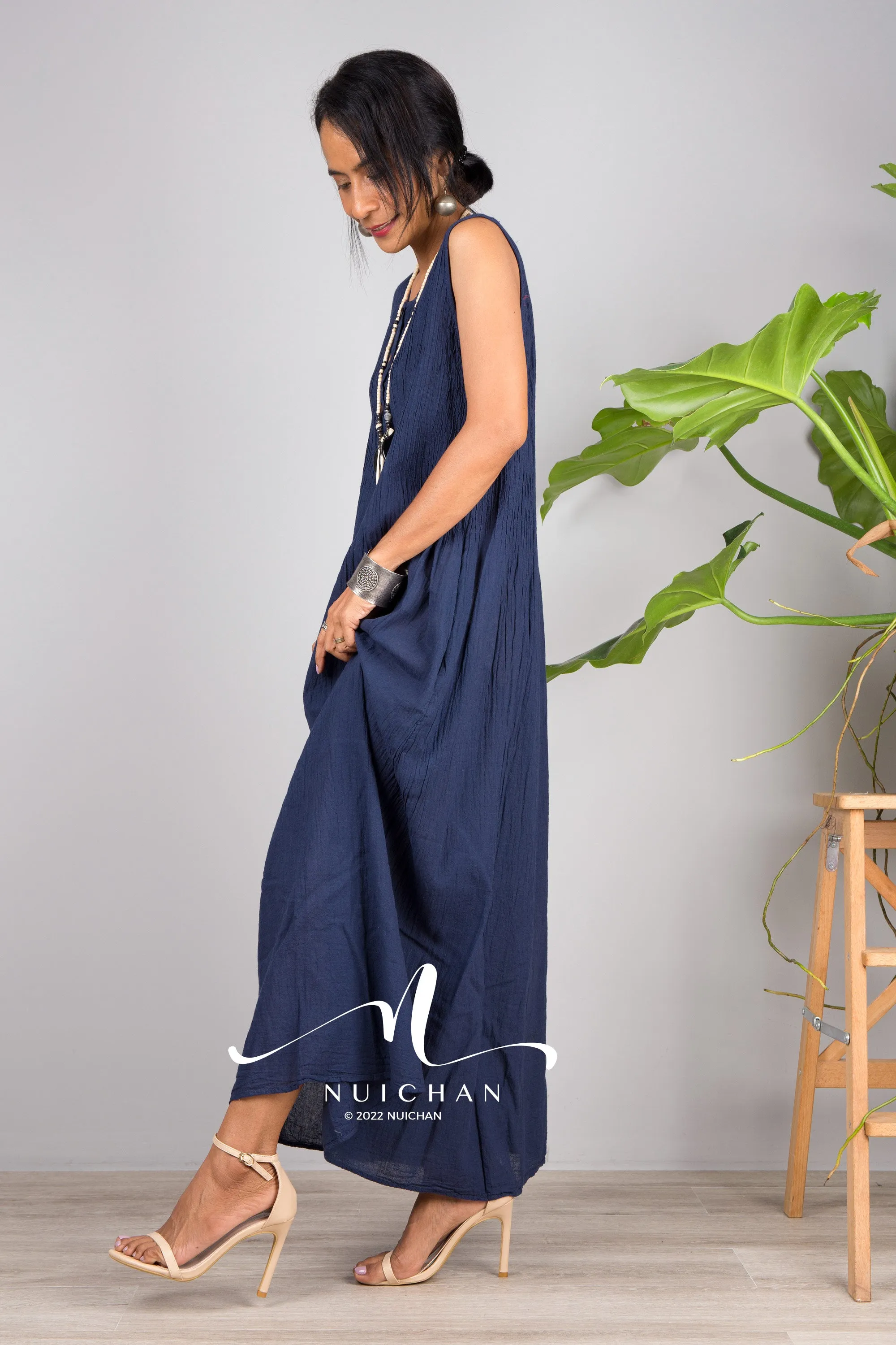 Sleeveless blue cotton dress