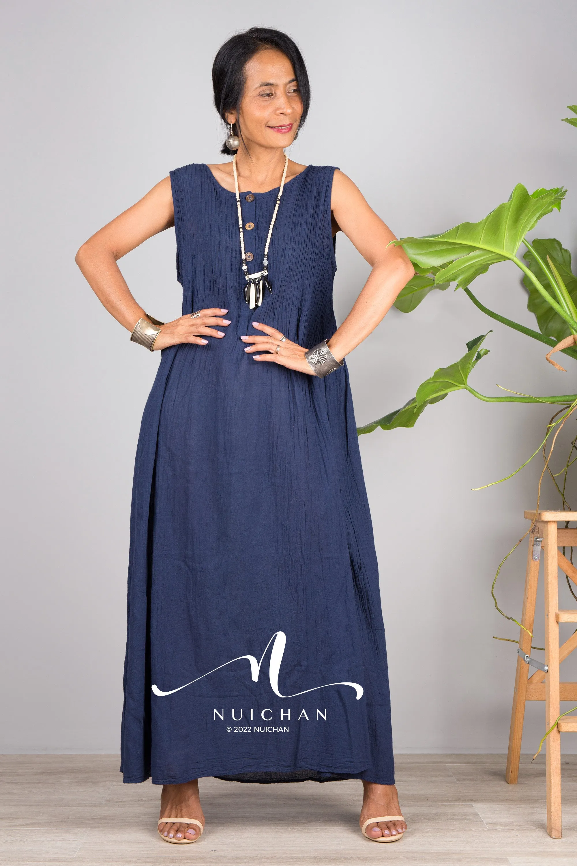 Sleeveless blue cotton dress