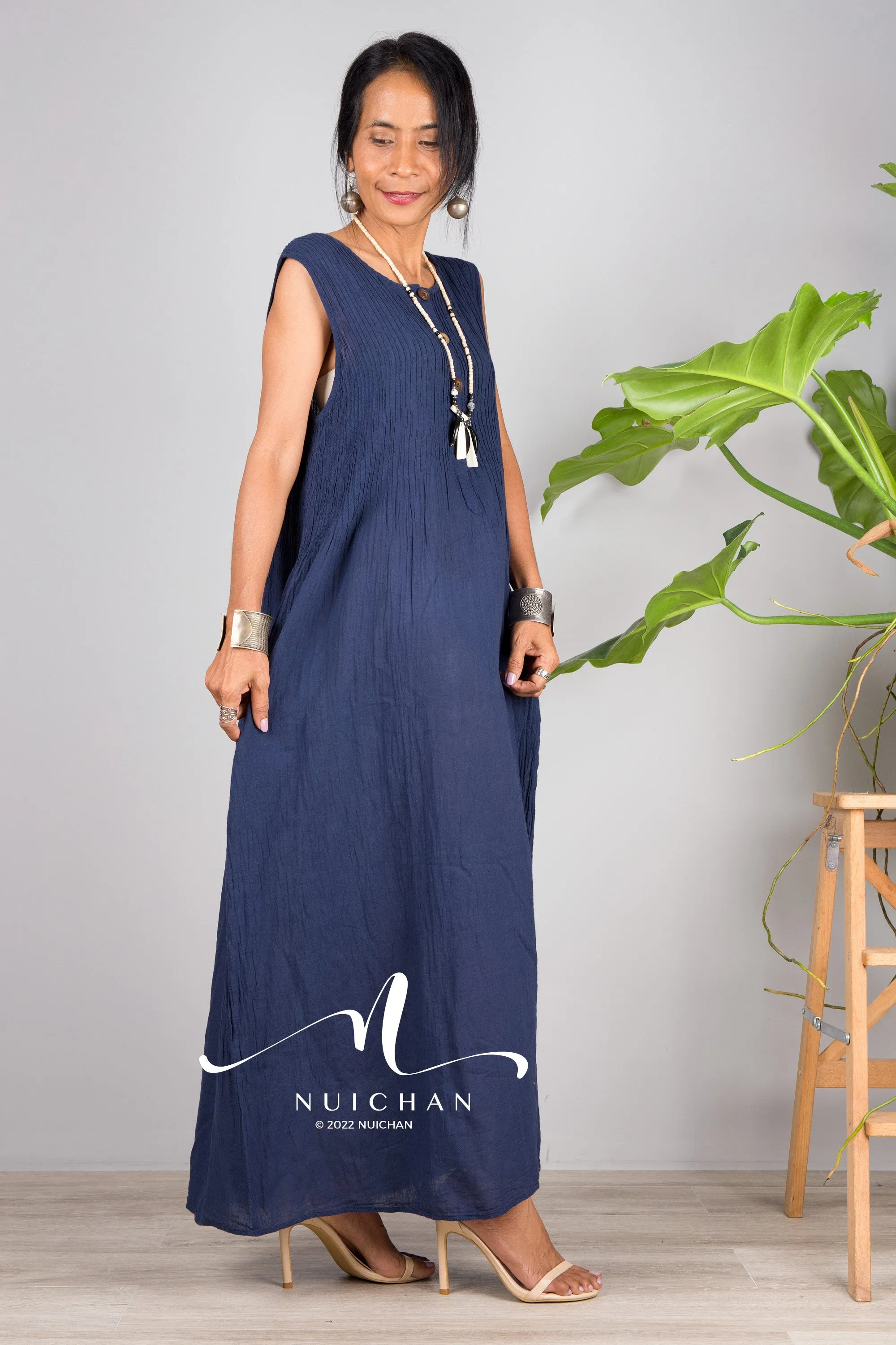 Sleeveless blue cotton dress