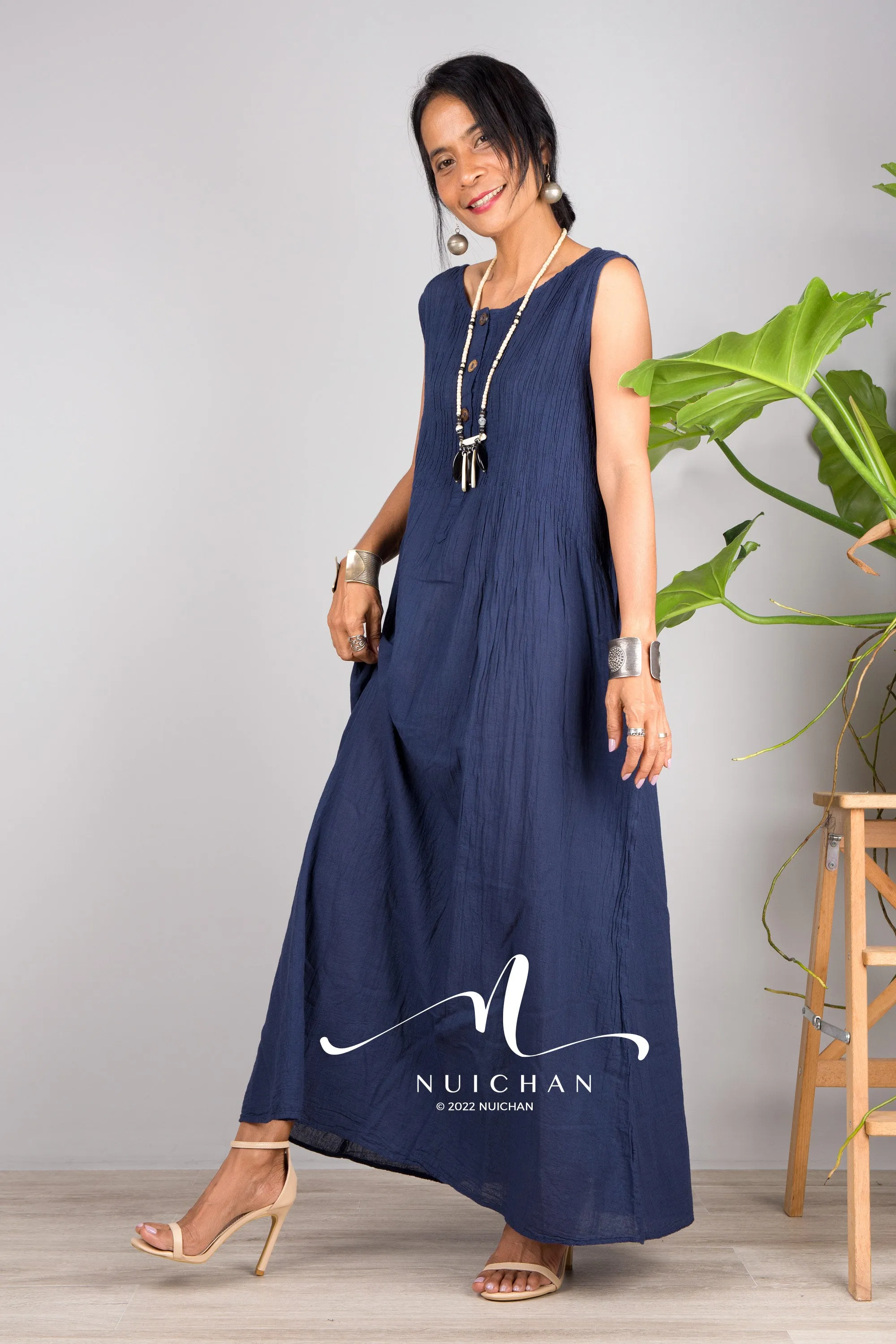 Sleeveless blue cotton dress