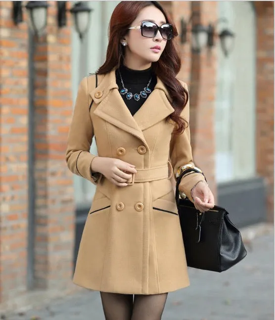 Slim Long Sleeves Button Wool Length Coat With Belt on