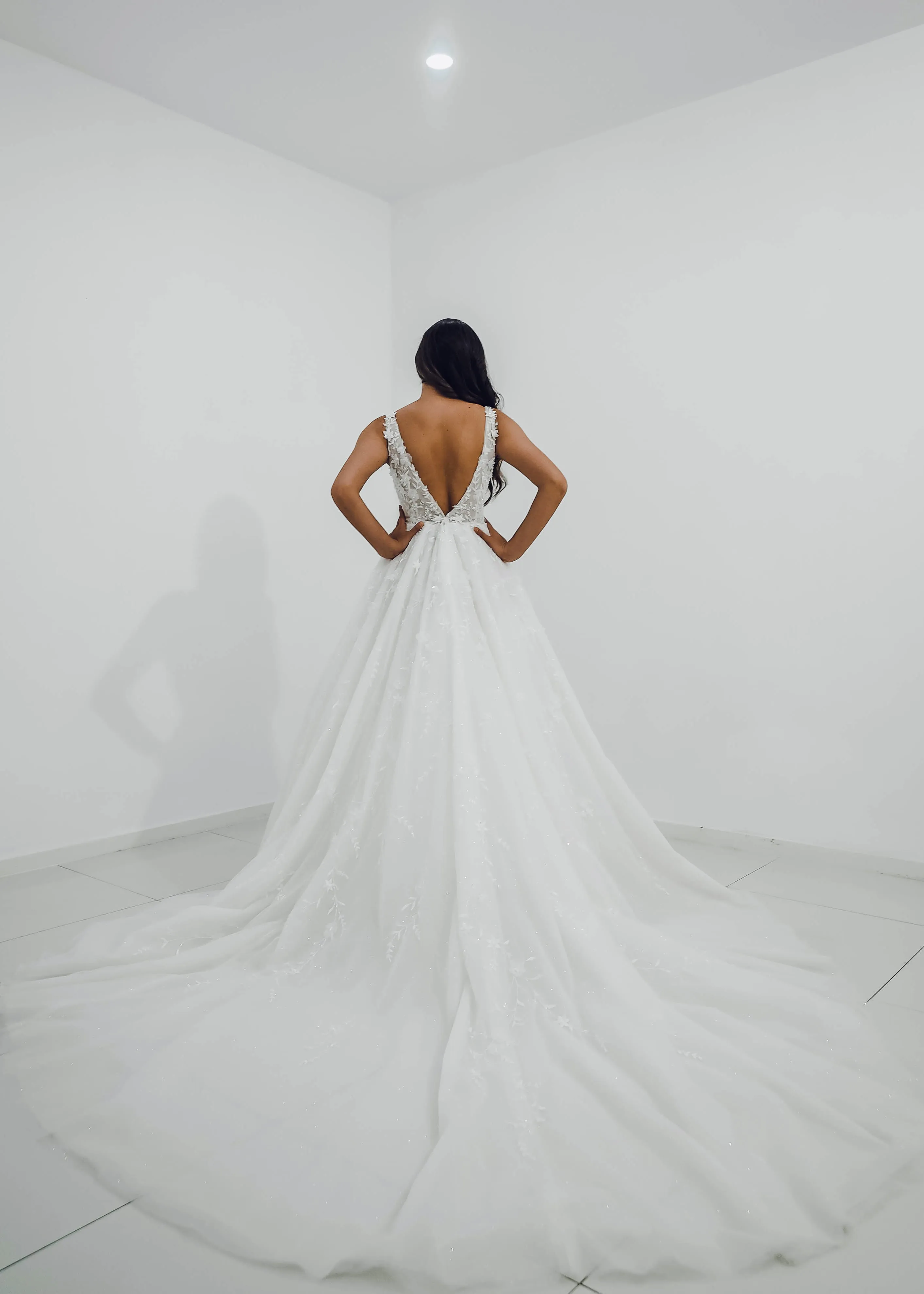 Sparkling white V neck wedding dress with open back for hire