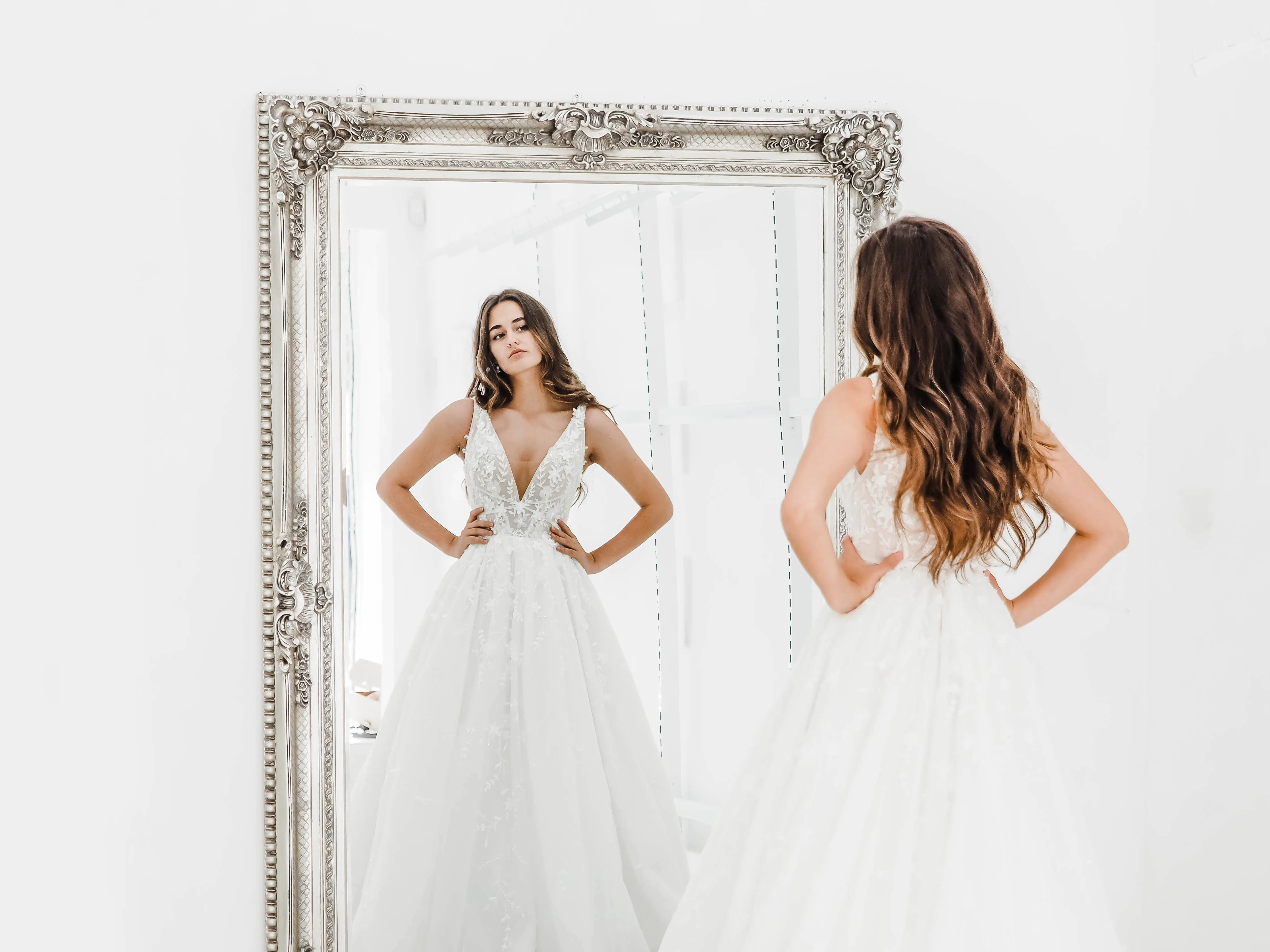 Sparkling white V neck wedding dress with open back for hire