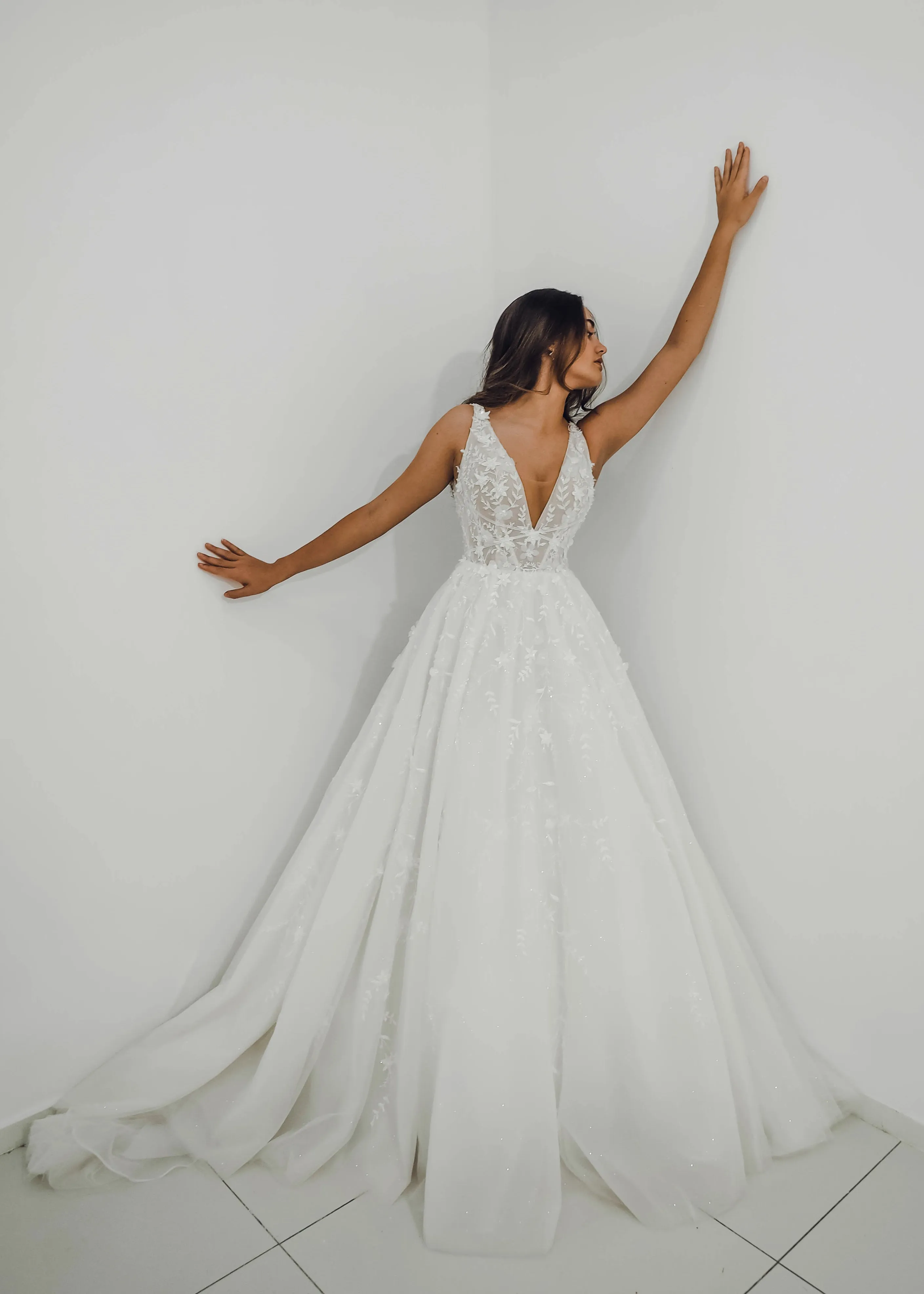 Sparkling white V neck wedding dress with open back for hire