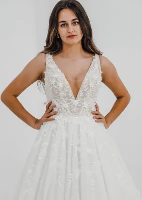 Sparkling white V neck wedding dress with open back for hire
