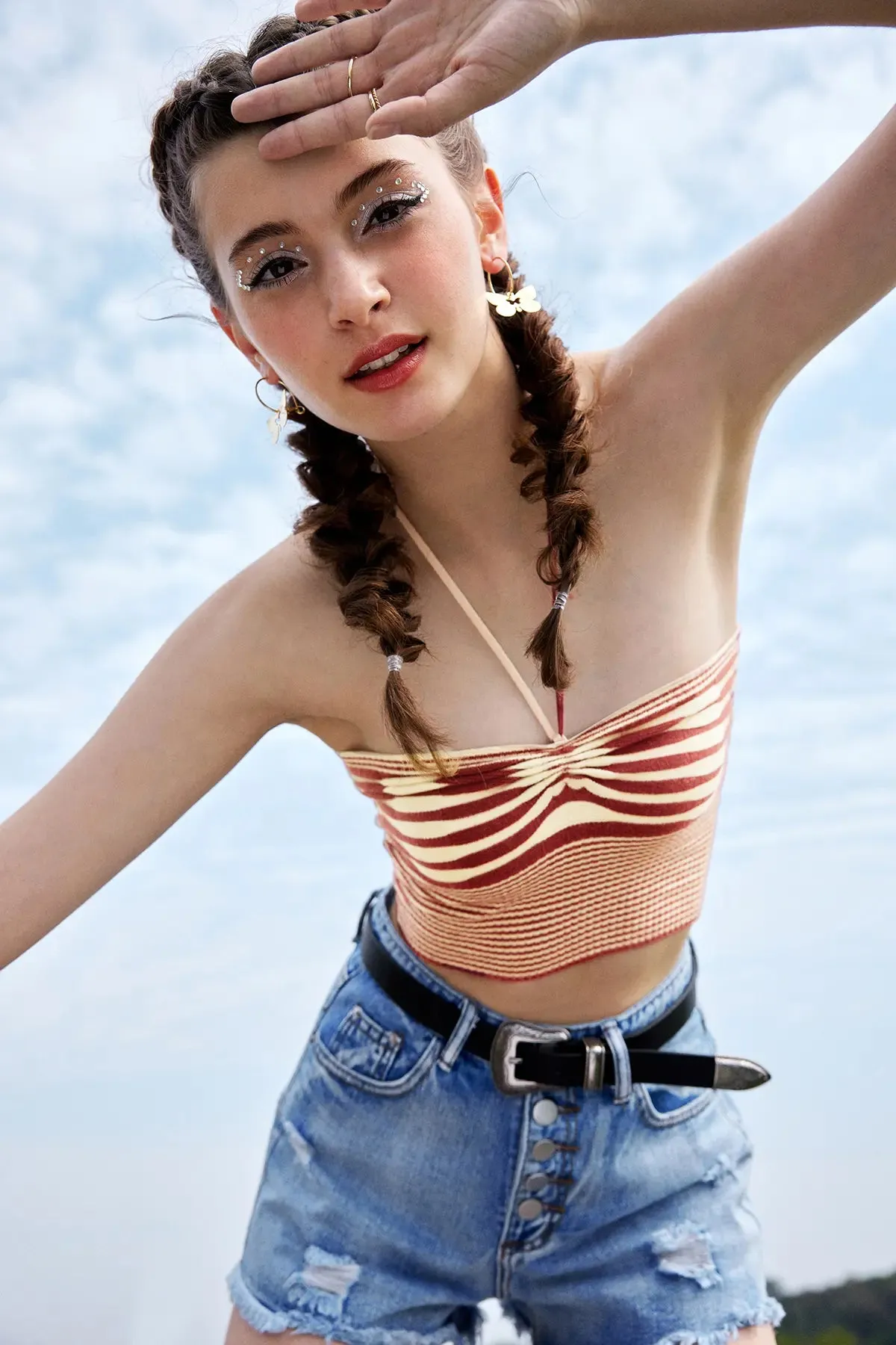 Striped Halter Ruched Crop Top