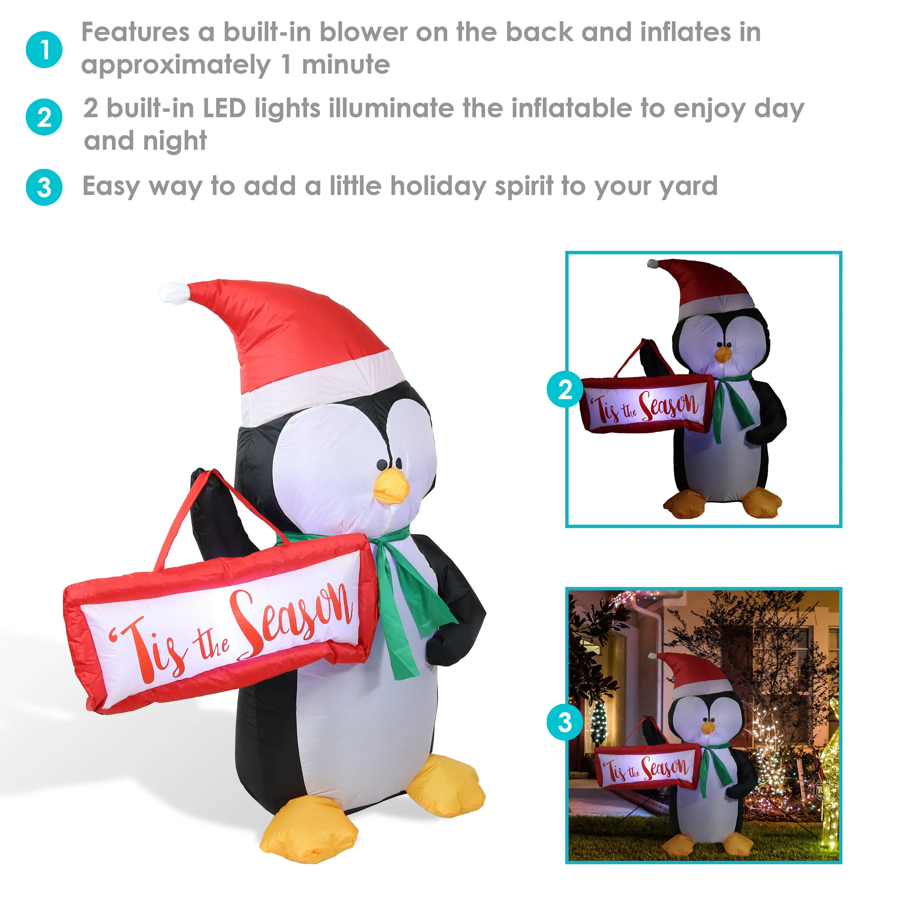 Sunnydaze Inflatable Christmas Decoration - 46.5" Jolly Holiday Penguin