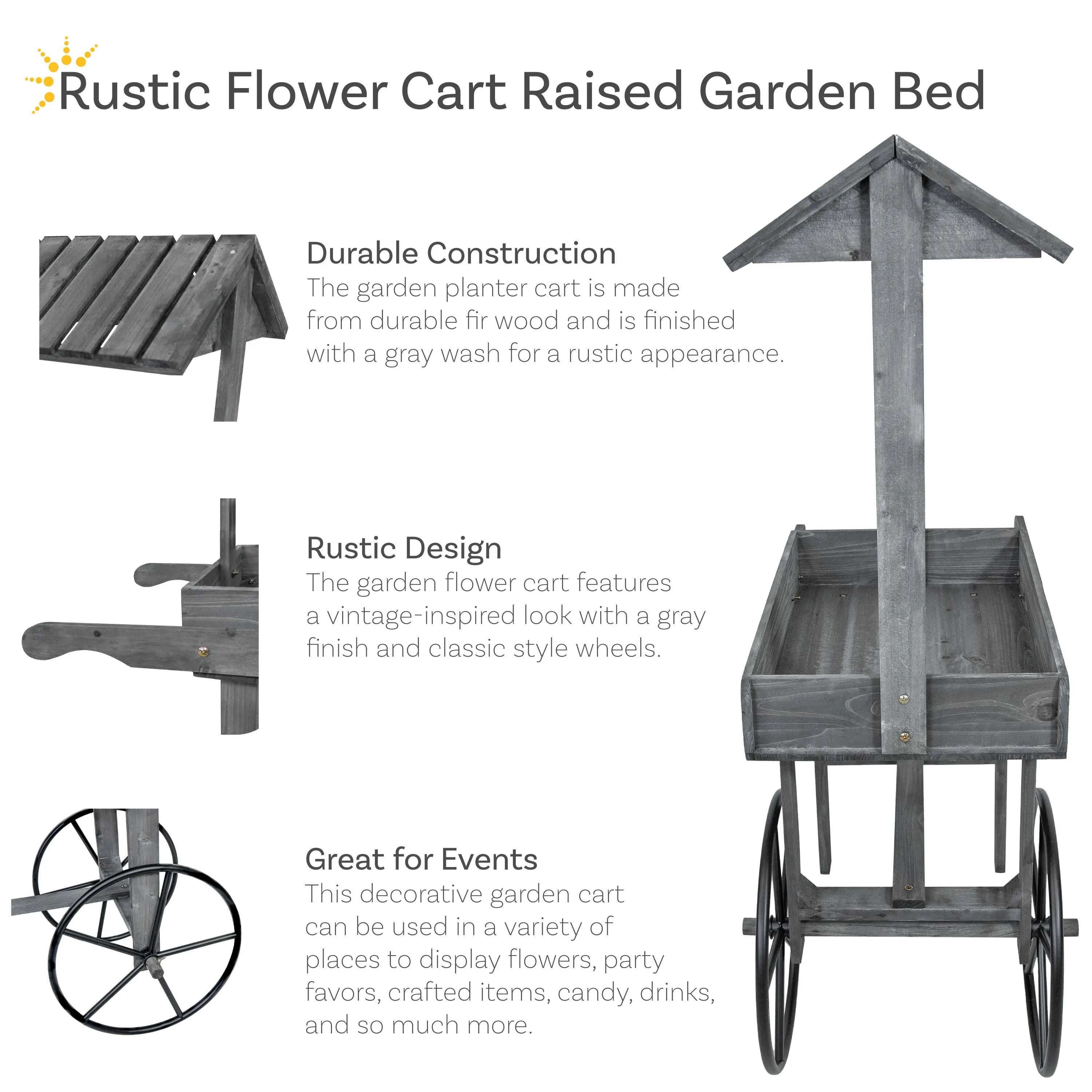 Sunnydaze Rustic, Vintage Flower Cart Display Stand with Wheels - Gray