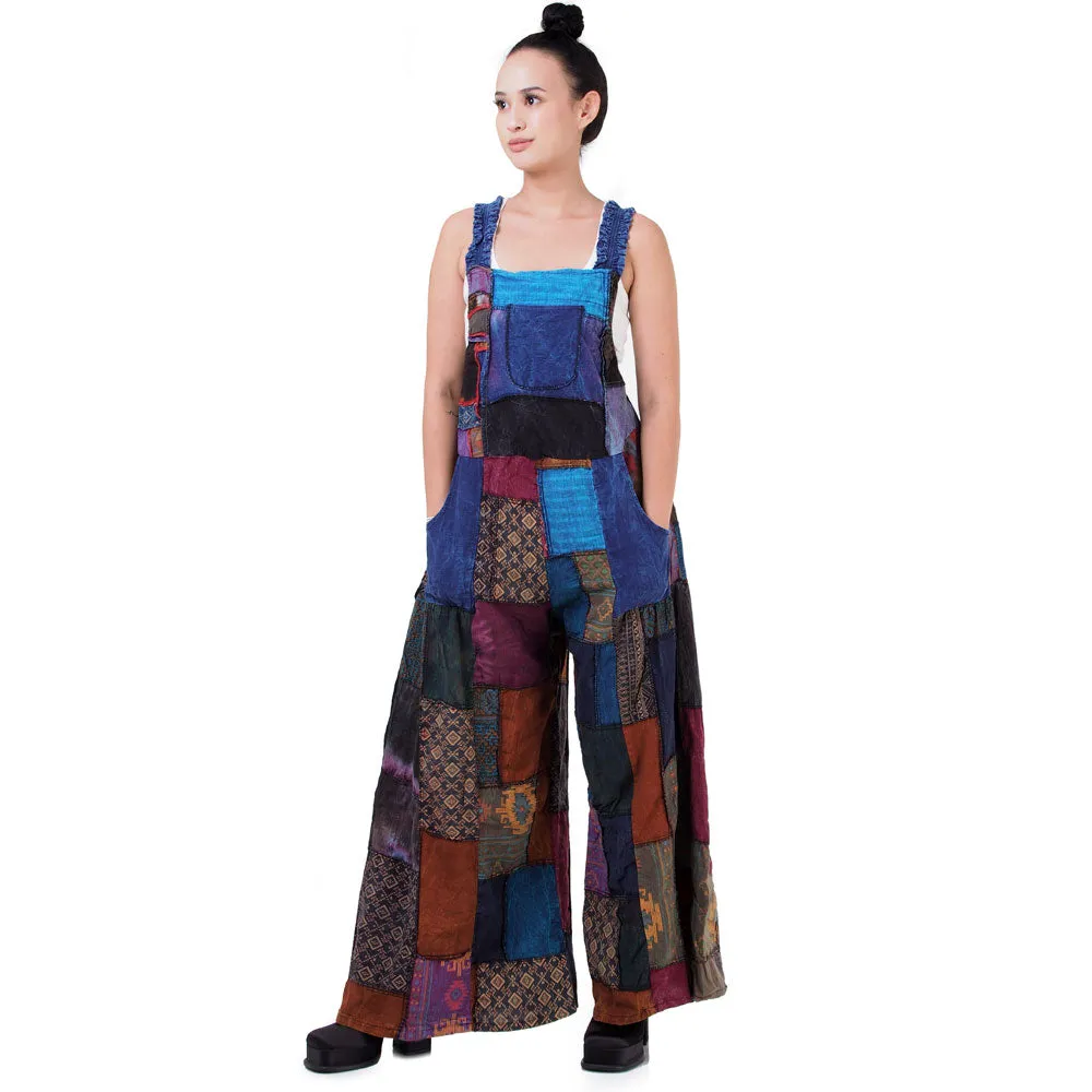 Sunrise Orange Wide-Leg Patchwork Jumpsuit Overall