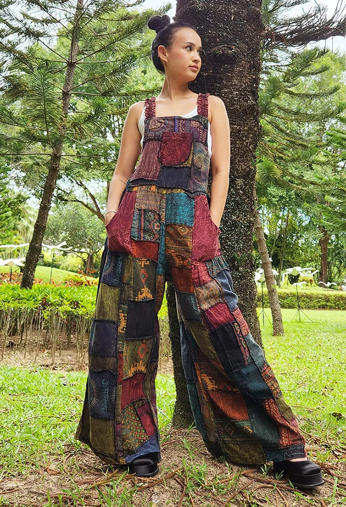 Sunrise Orange Wide-Leg Patchwork Jumpsuit Overall