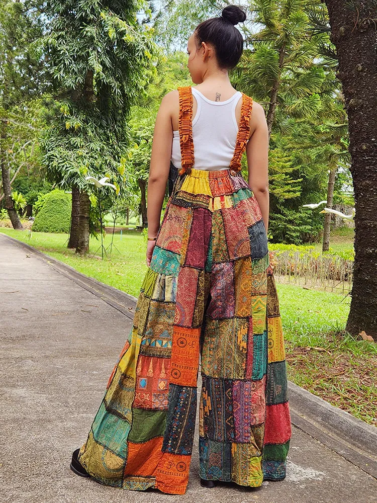 Sunrise Orange Wide-Leg Patchwork Jumpsuit Overall