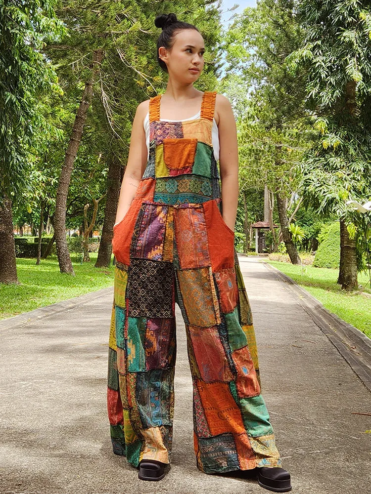 Sunrise Orange Wide-Leg Patchwork Jumpsuit Overall