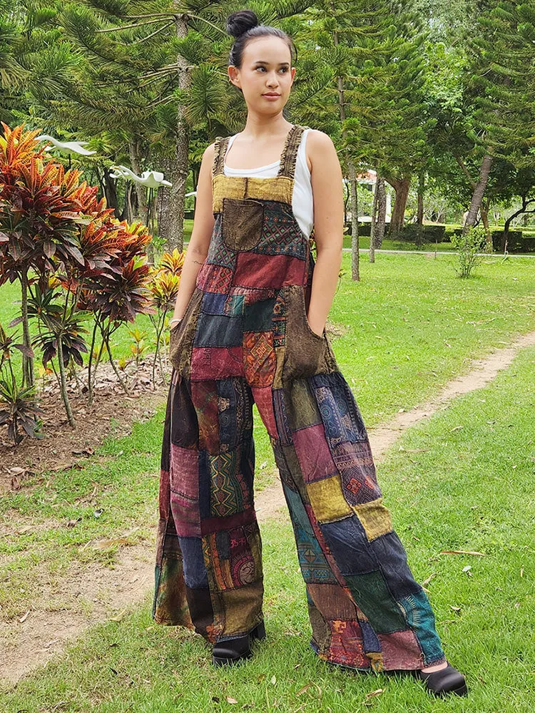 Sunrise Orange Wide-Leg Patchwork Jumpsuit Overall