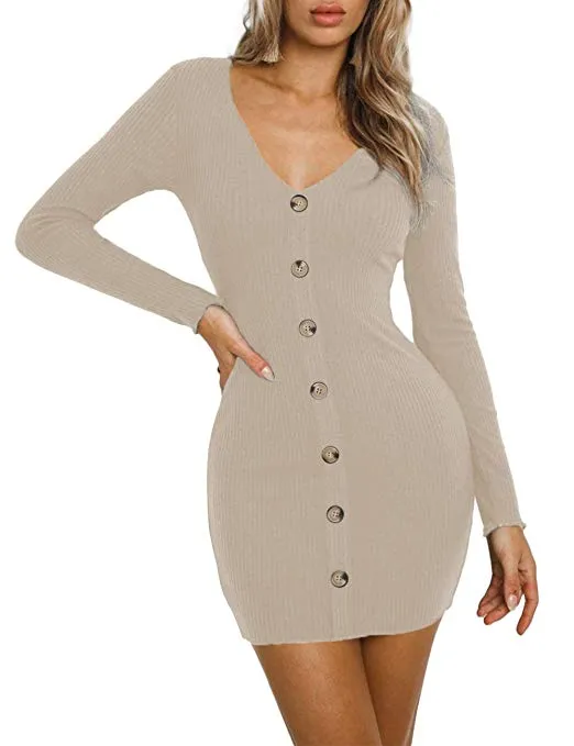TastyHottie - Women鈥檚 Ribbed Knit Button Down Sweater Dress V-Neck Long Sleeve Bodycon Mini Pencil Dress