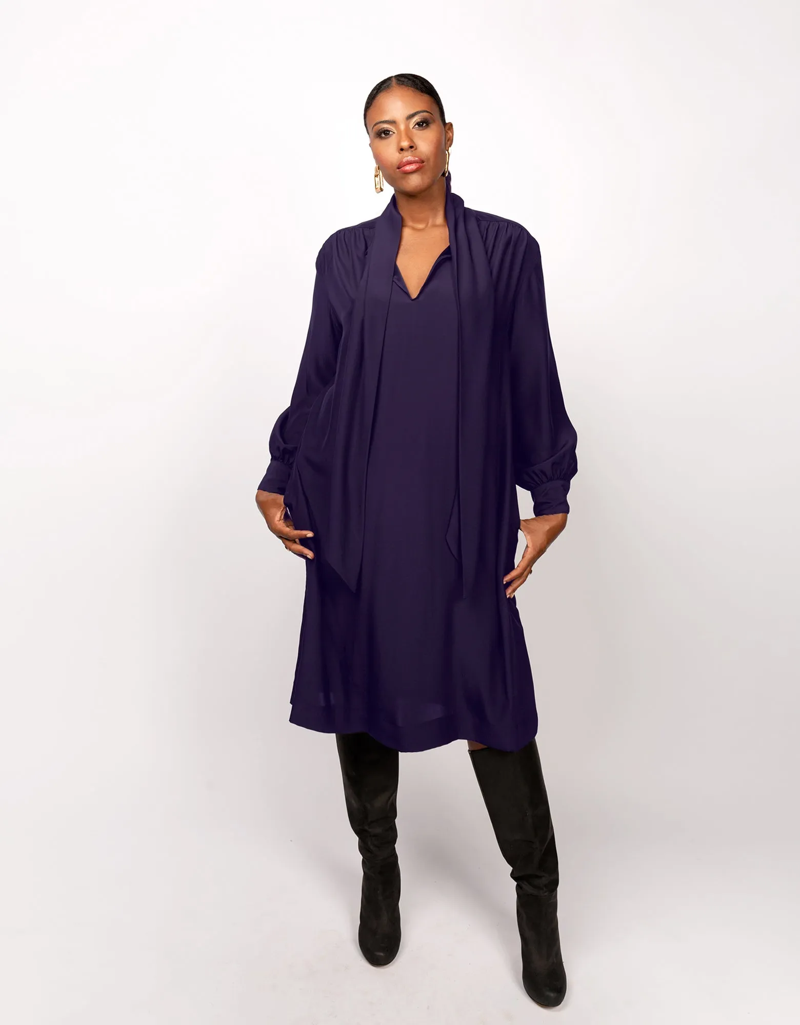 The Marion Tie Neck Dress- Eggplant