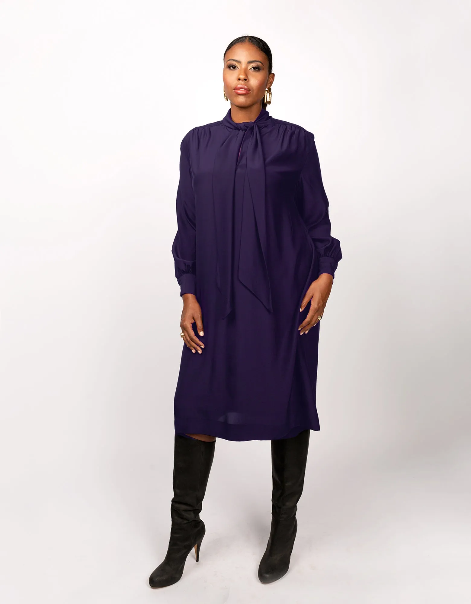 The Marion Tie Neck Dress- Eggplant