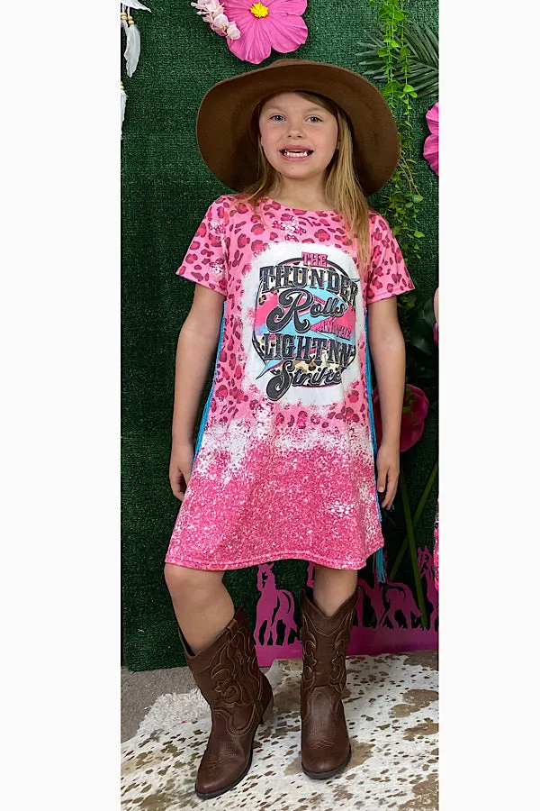 THE THUNDER ROLLS & THE LIGHTNING STRIKES Pink leopard print short sleeve dress w/fringe tassels DLH2305 (A1S4)