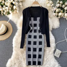 Two Piece Plaid Print Mini Dress w/Cardigan