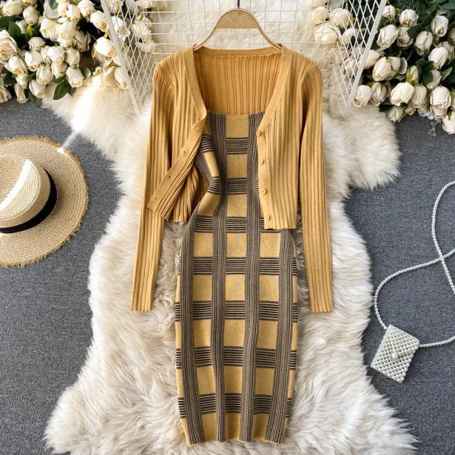 Two Piece Plaid Print Mini Dress w/Cardigan