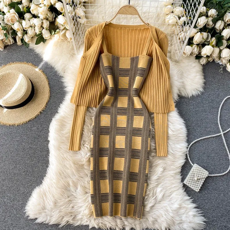Two Piece Plaid Print Mini Dress w/Cardigan