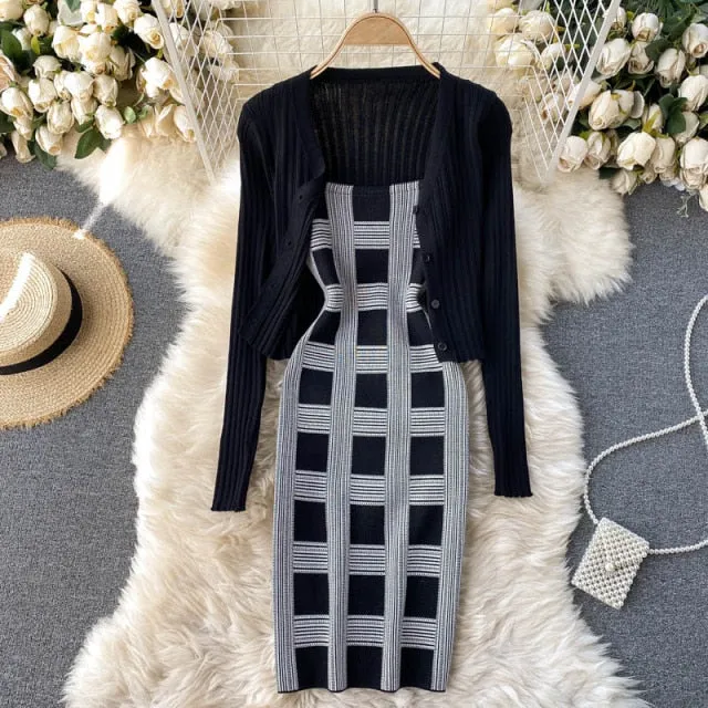 Two Piece Plaid Print Mini Dress w/Cardigan
