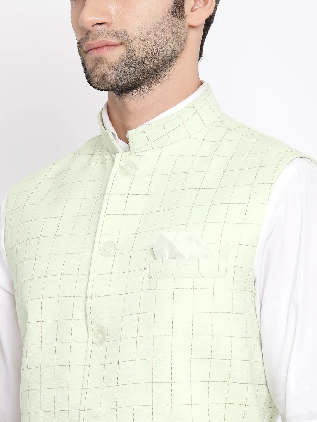 VASTRAMAY Men's Mint Green Checkered Classic Linen Nehru Jacket