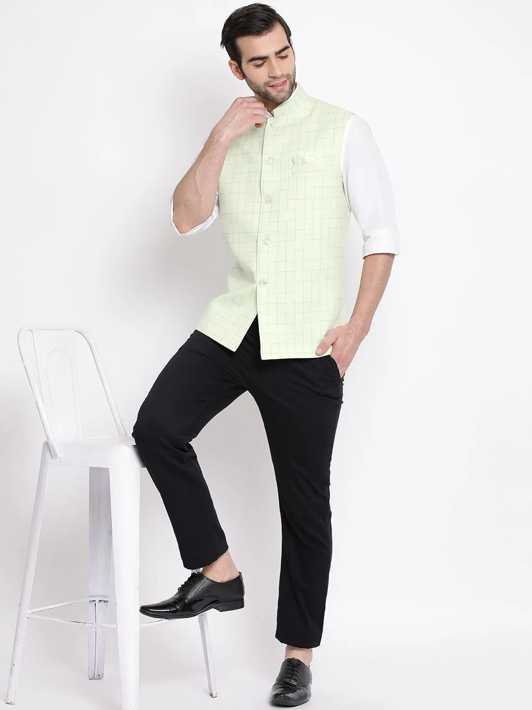 VASTRAMAY Men's Mint Green Checkered Classic Linen Nehru Jacket