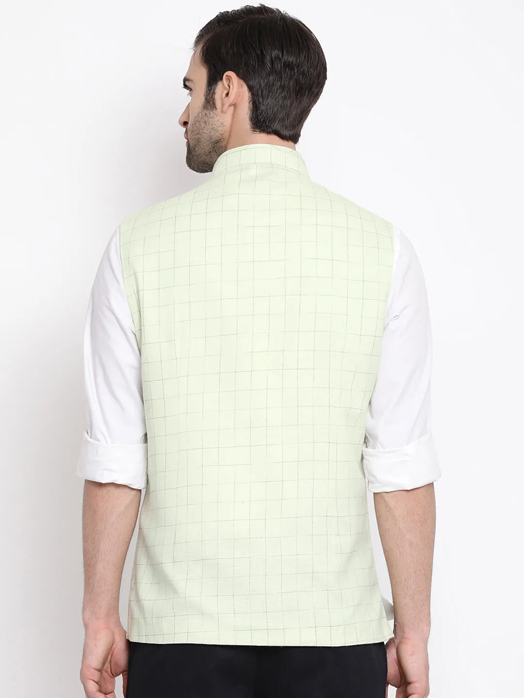 VASTRAMAY Men's Mint Green Checkered Classic Linen Nehru Jacket