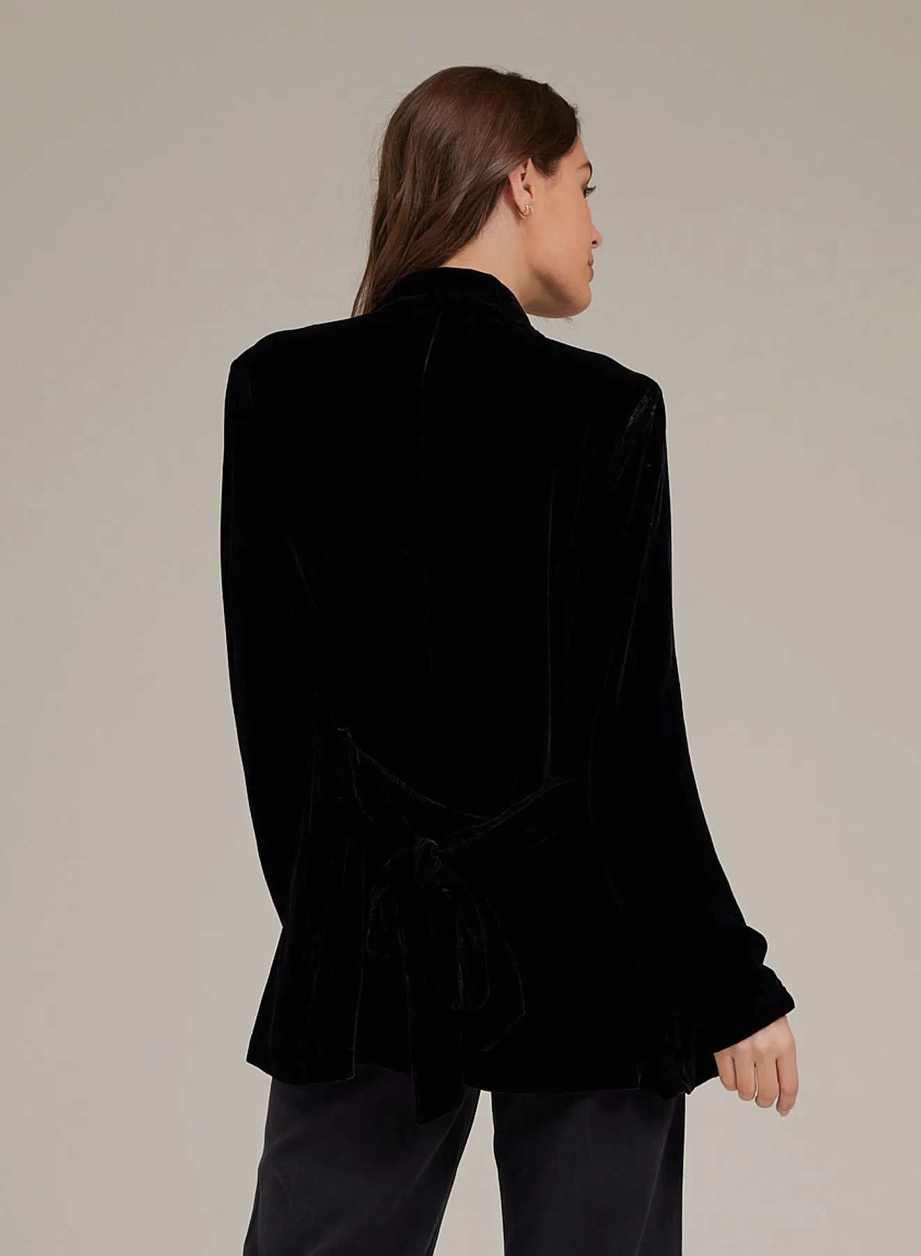 Velvet Notch Collar Belted Blazer - Black