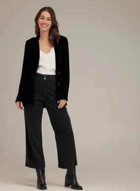 Velvet Notch Collar Belted Blazer - Black