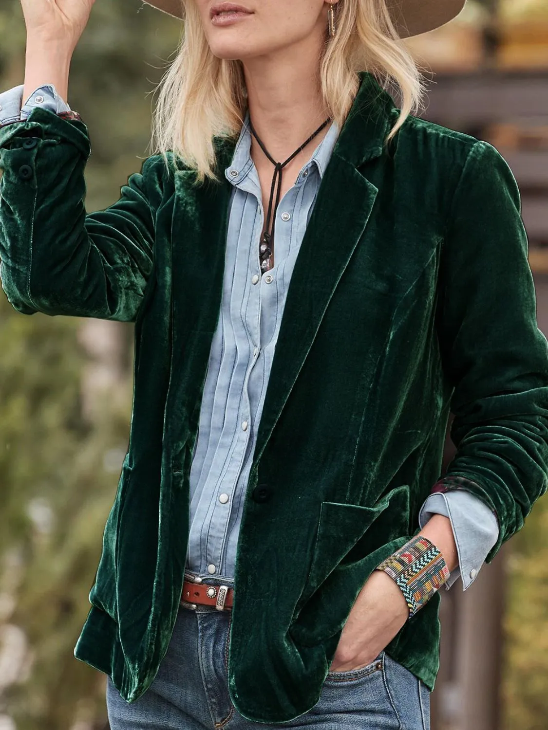 Velvety Pocketed Button Up Lapel Collar Blazer