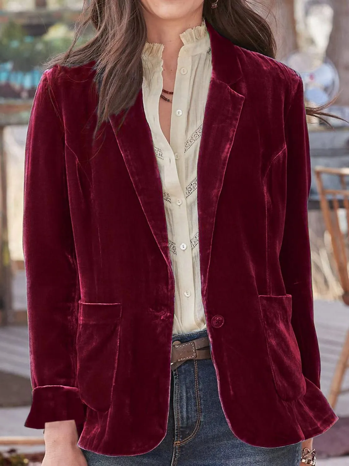 Velvety Pocketed Button Up Lapel Collar Blazer