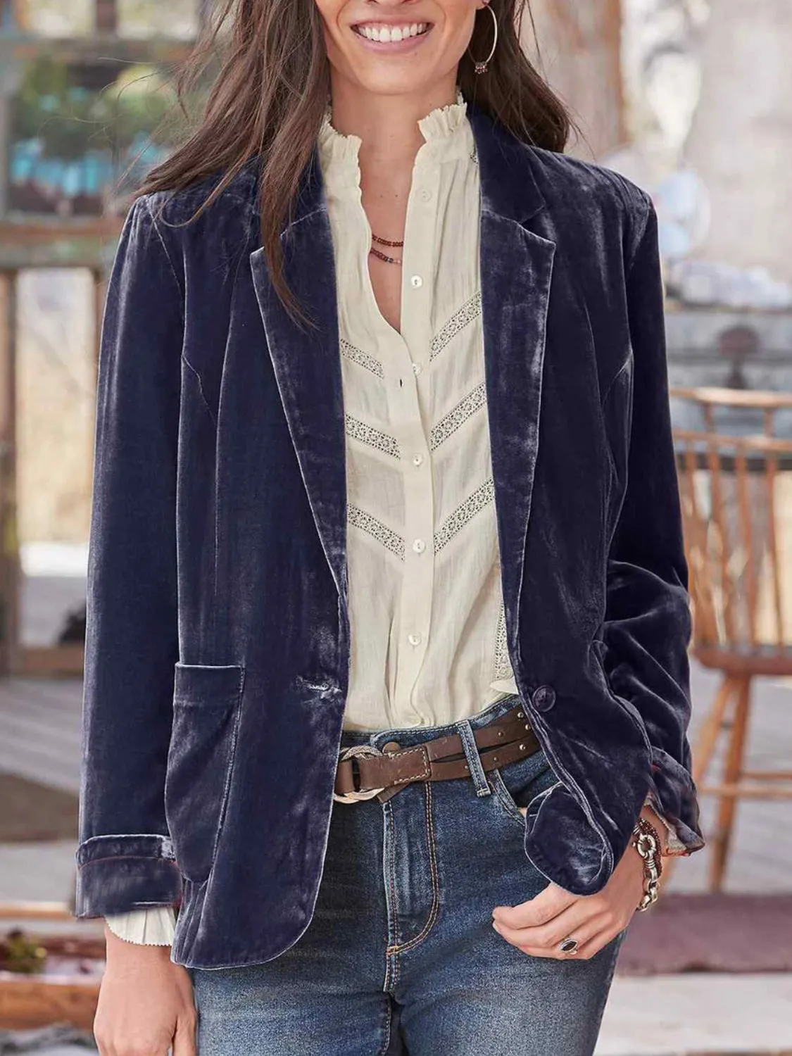 Velvety Pocketed Button Up Lapel Collar Blazer