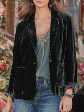 Velvety Pocketed Button Up Lapel Collar Blazer