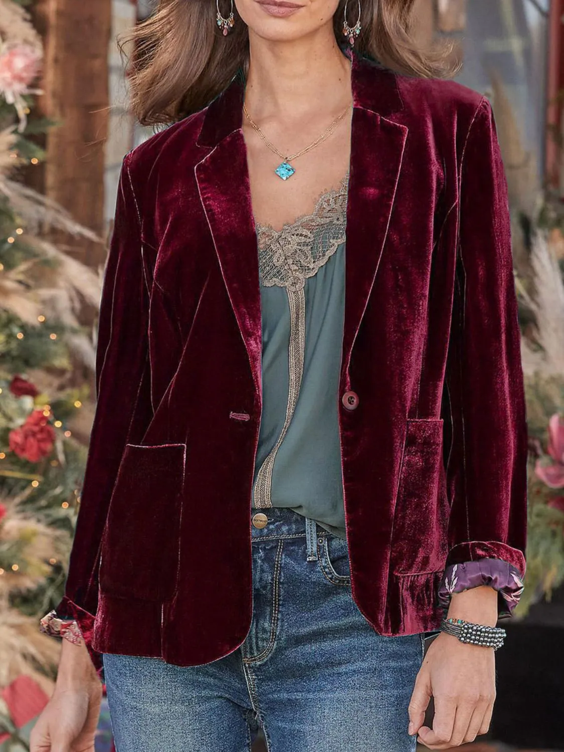 Velvety Pocketed Button Up Lapel Collar Blazer