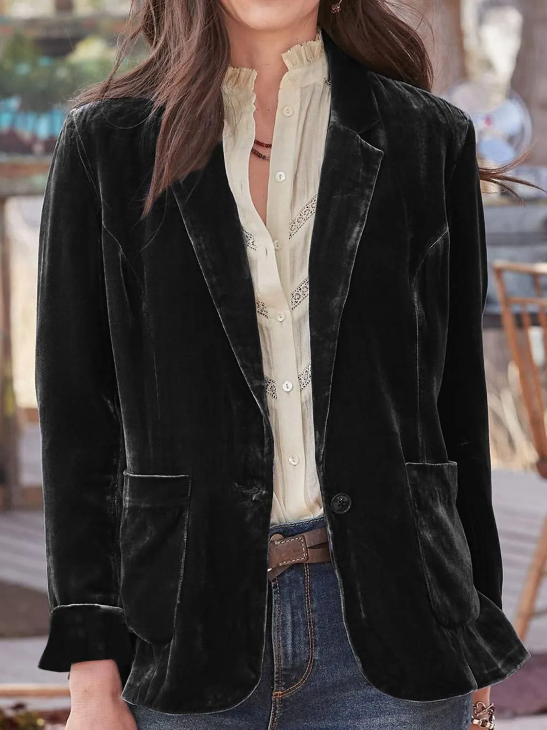 Velvety Pocketed Button Up Lapel Collar Blazer