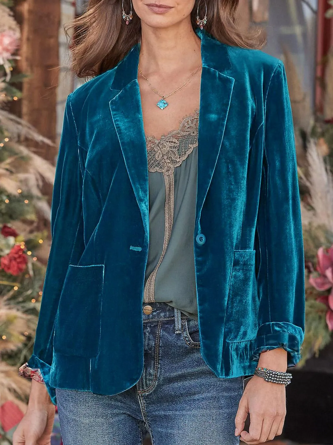 Velvety Pocketed Button Up Lapel Collar Blazer