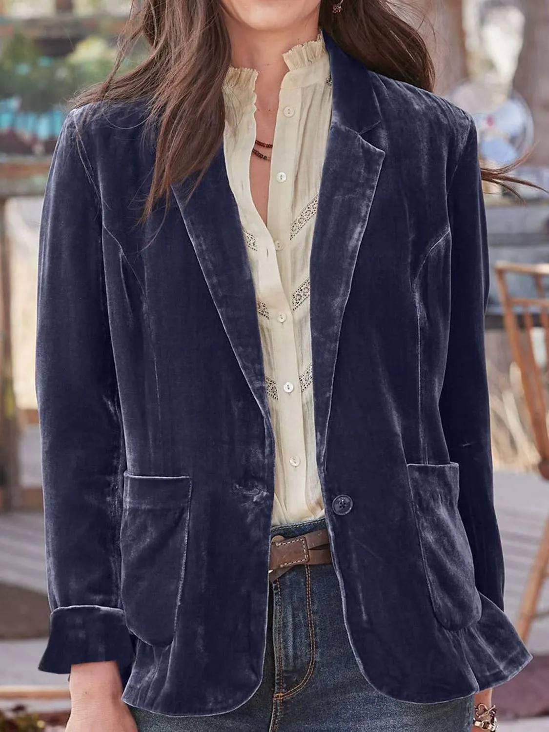 Velvety Pocketed Button Up Lapel Collar Blazer