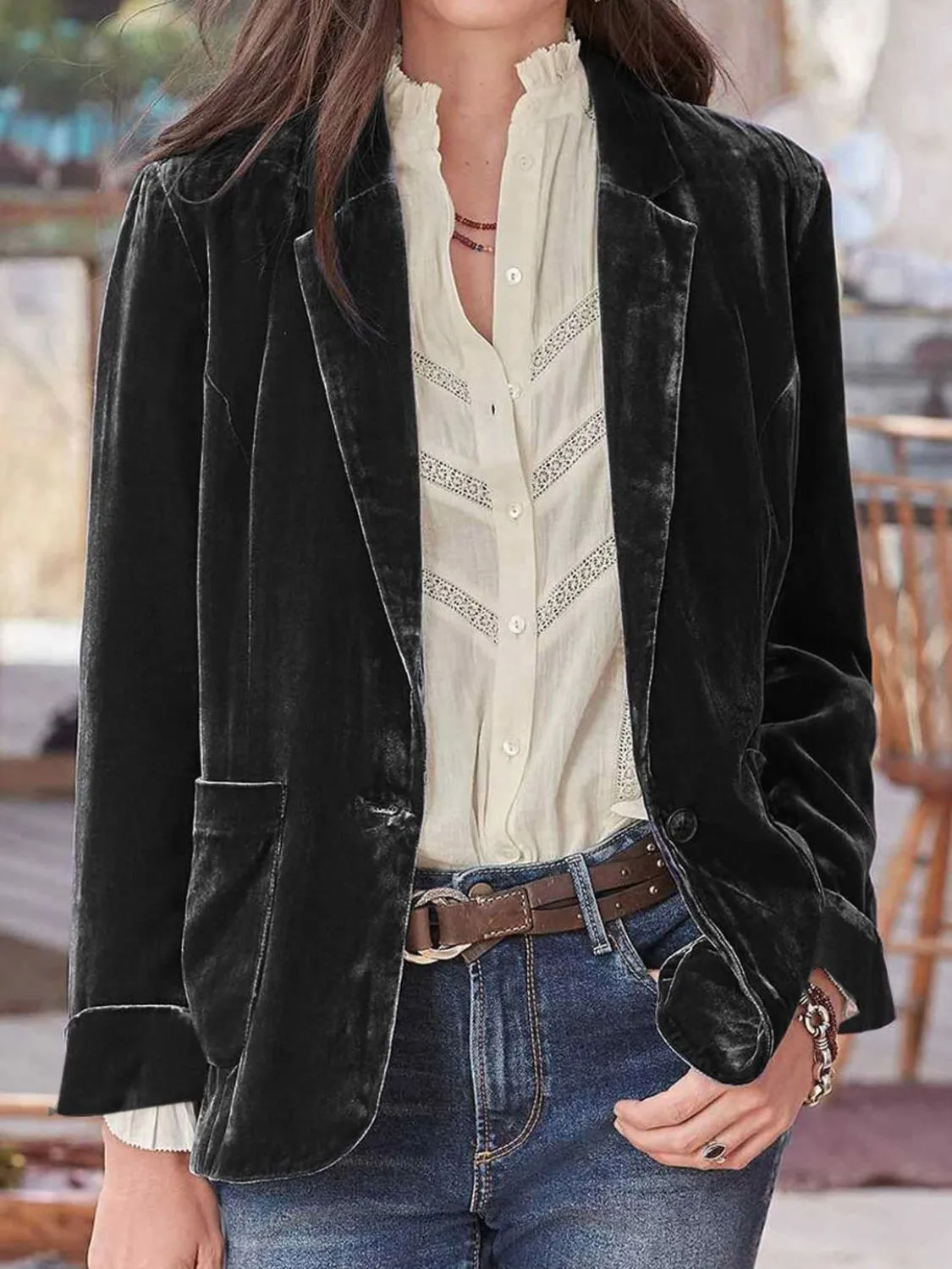 Velvety Pocketed Button Up Lapel Collar Blazer