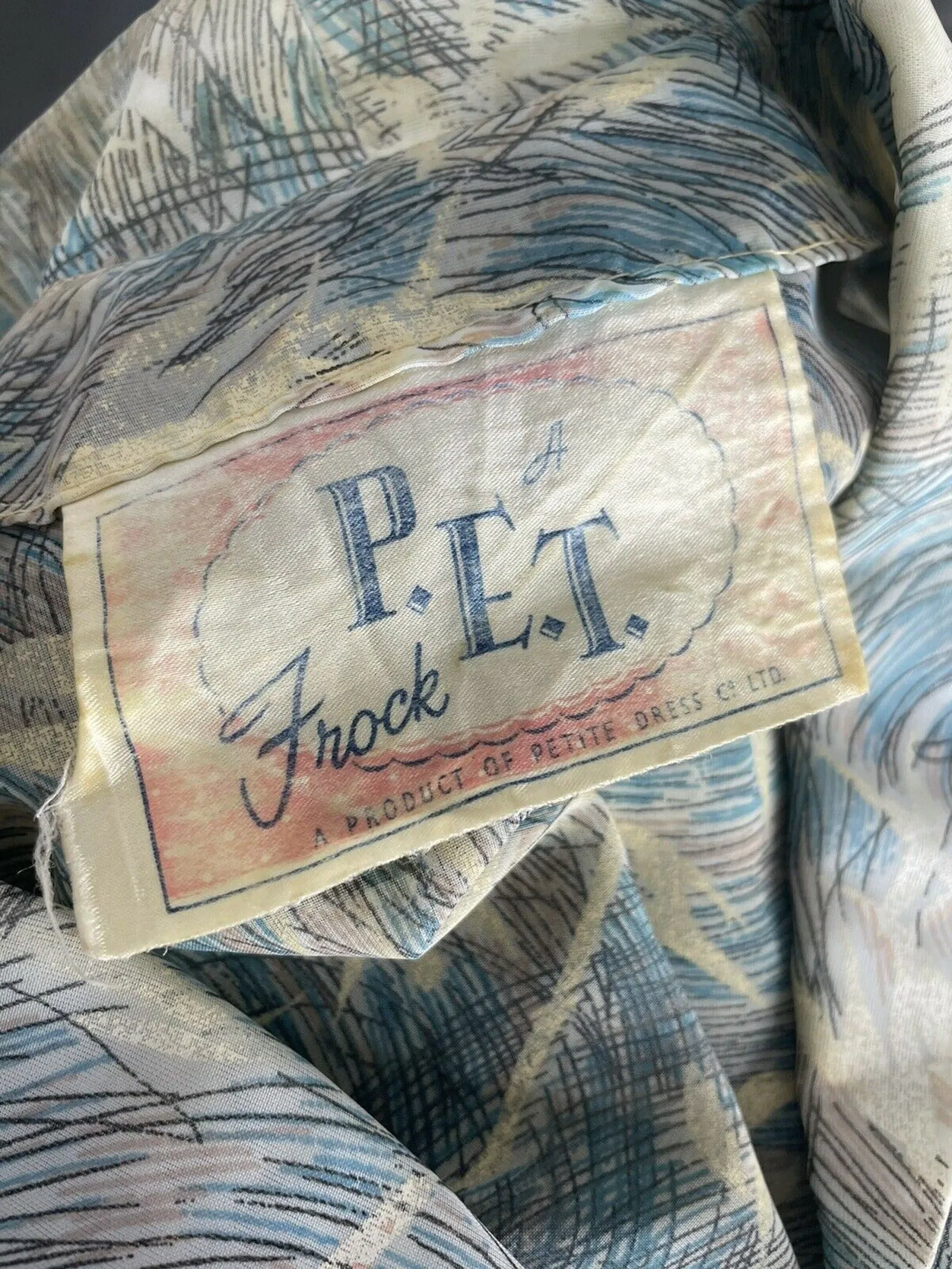 Vintage 1940s 1950s Abstract Print Pleated Button Down Tea Dress in Blue - Size UK 10