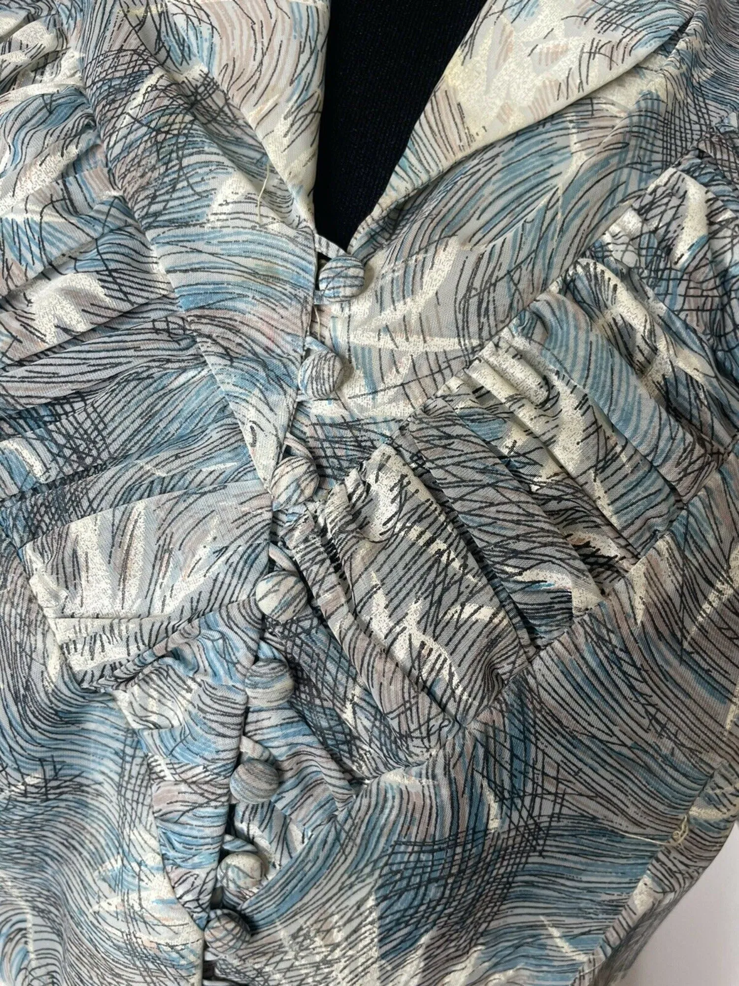 Vintage 1940s 1950s Abstract Print Pleated Button Down Tea Dress in Blue - Size UK 10