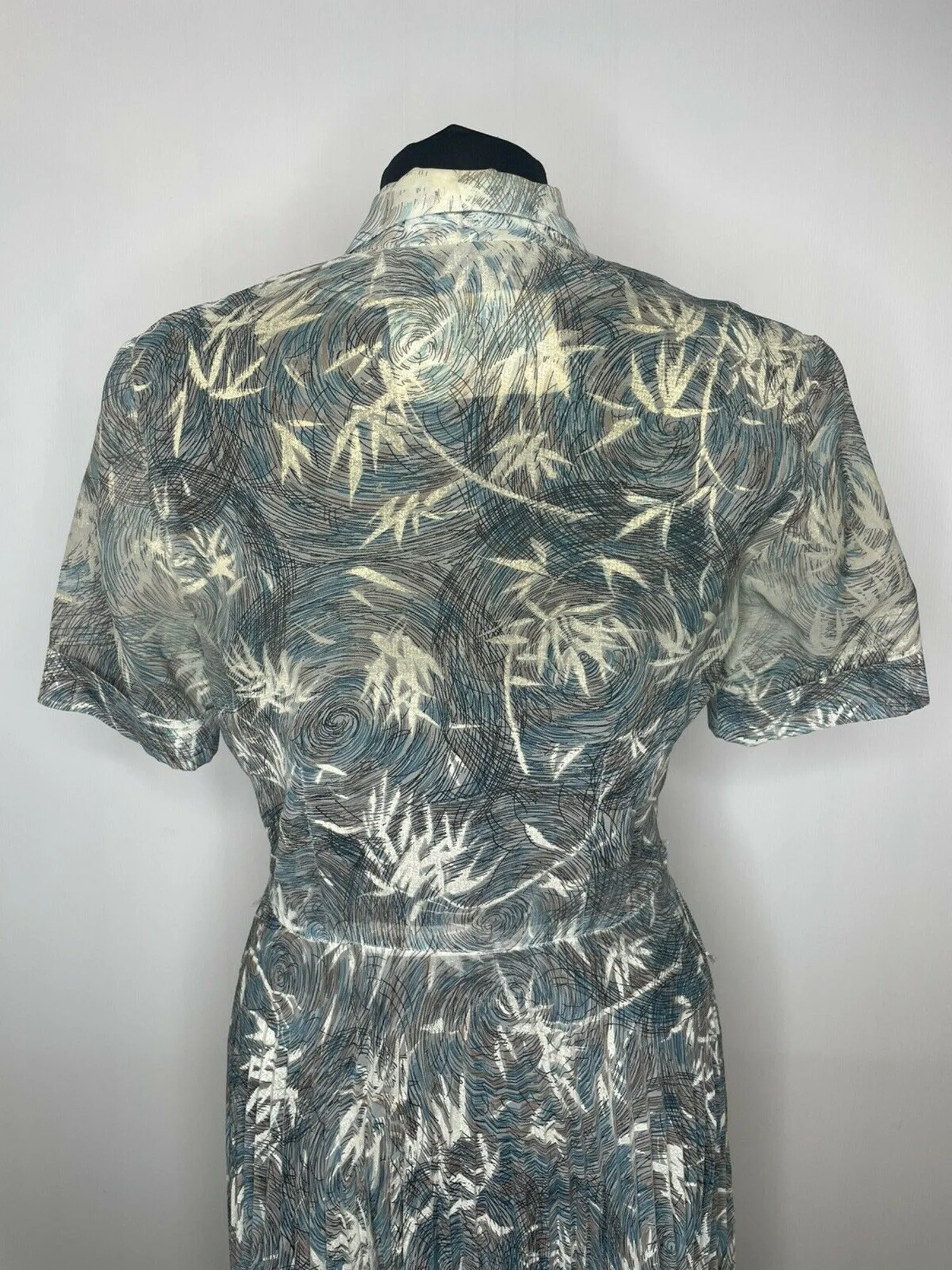 Vintage 1940s 1950s Abstract Print Pleated Button Down Tea Dress in Blue - Size UK 10