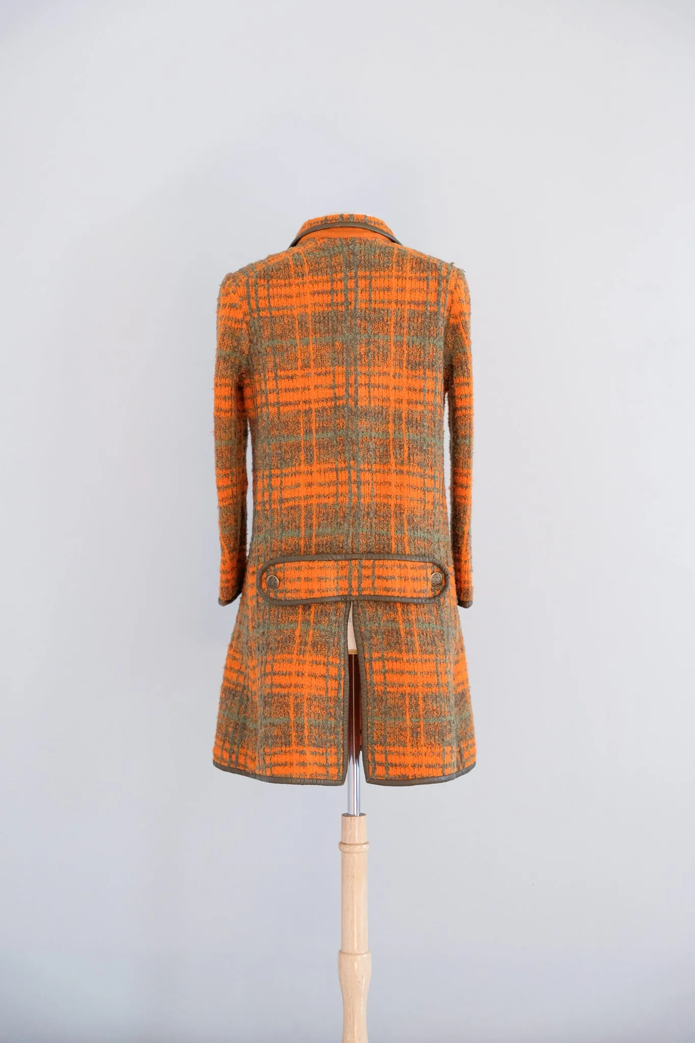 Vintage 1960's Made in Italy Green & Orange Plaid Boucle Wool Coat / ML
