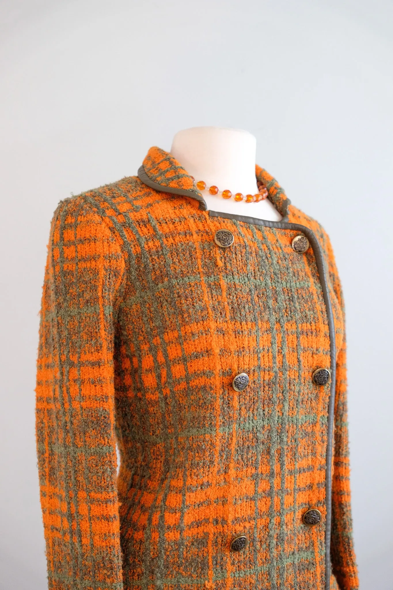 Vintage 1960's Made in Italy Green & Orange Plaid Boucle Wool Coat / ML