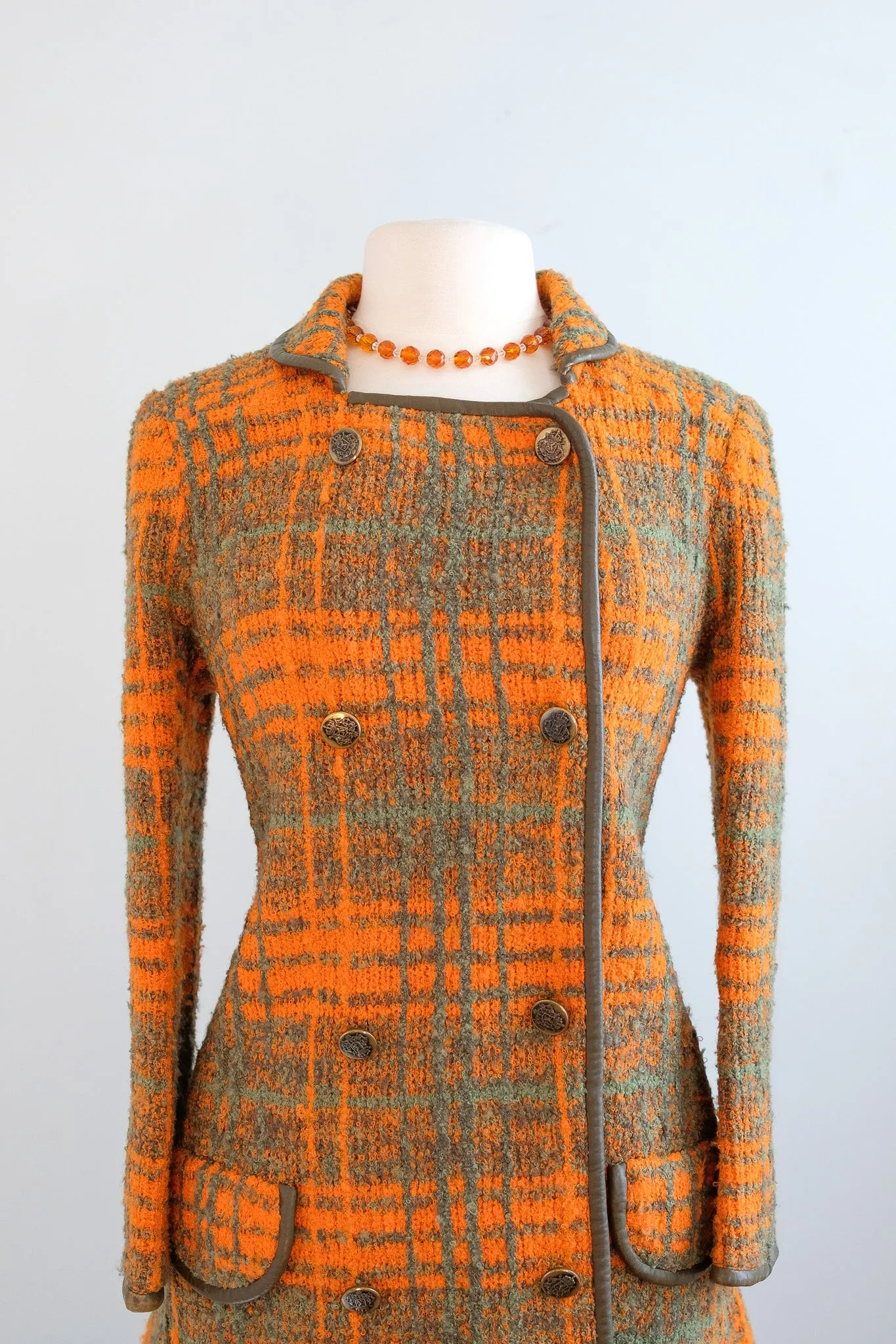 Vintage 1960's Made in Italy Green & Orange Plaid Boucle Wool Coat / ML
