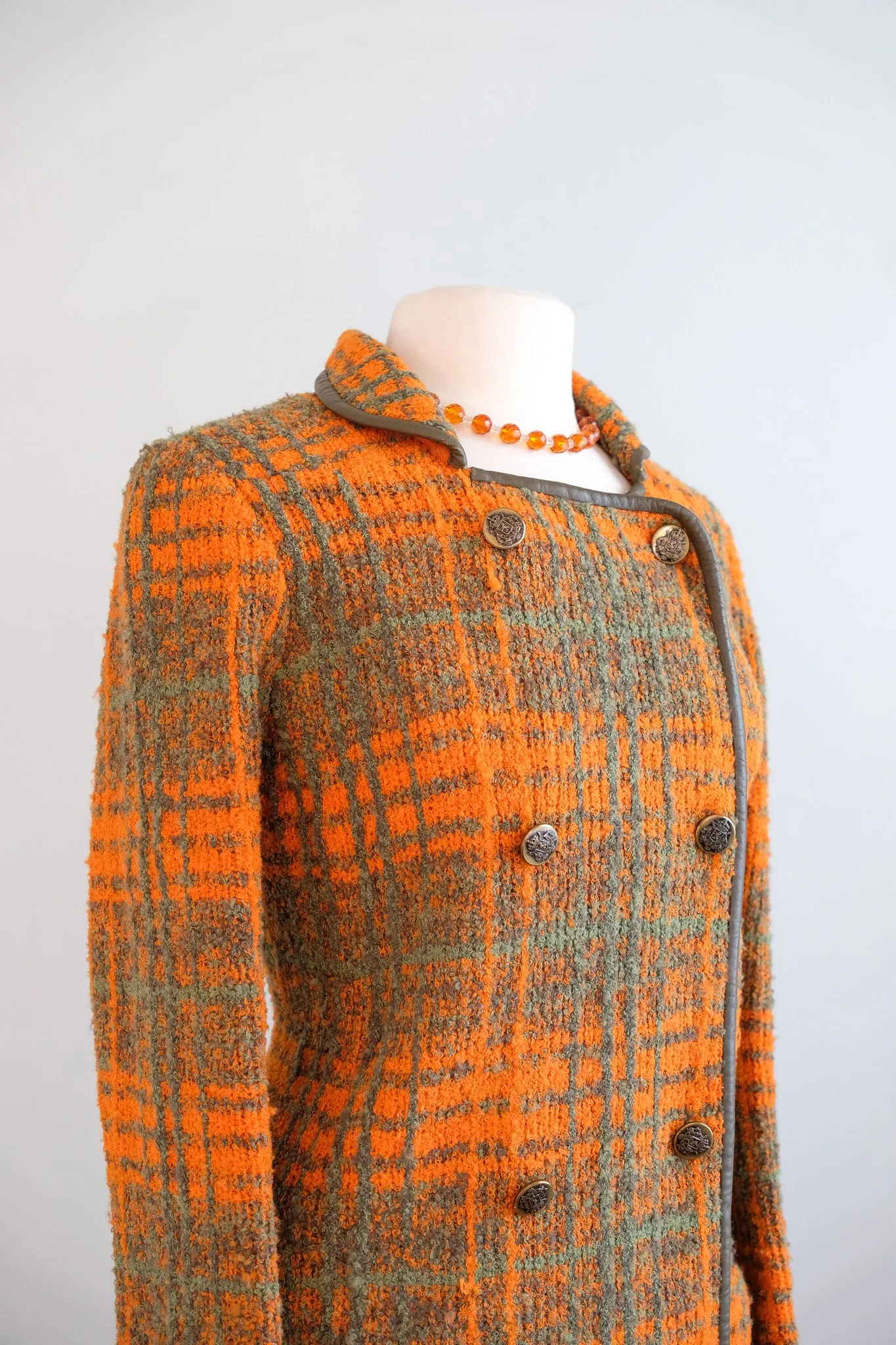 Vintage 1960's Made in Italy Green & Orange Plaid Boucle Wool Coat / ML