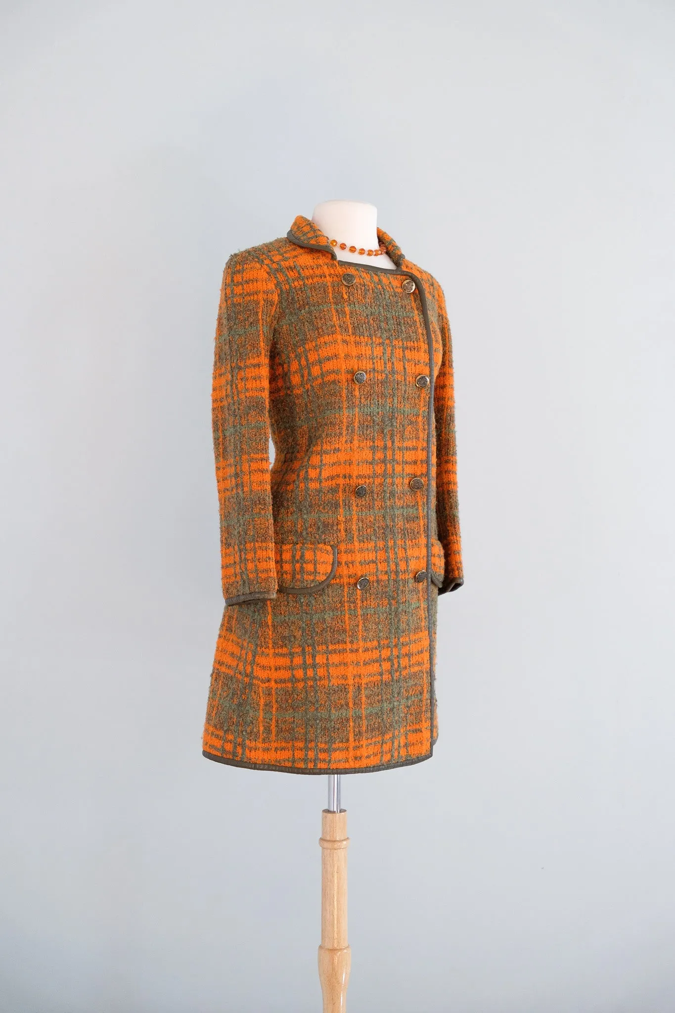Vintage 1960's Made in Italy Green & Orange Plaid Boucle Wool Coat / ML