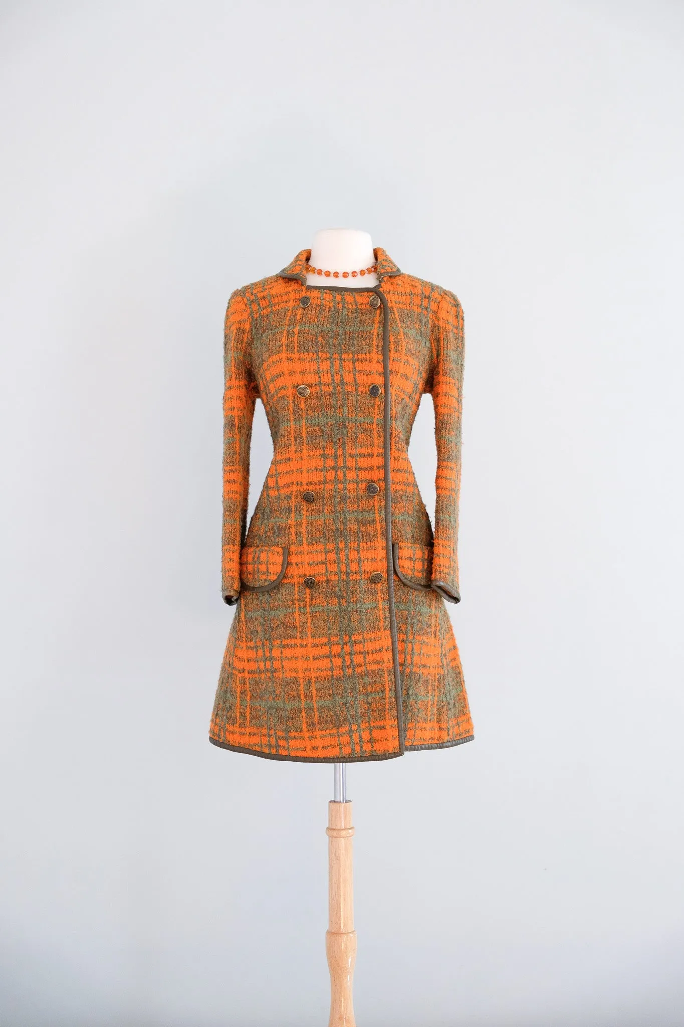 Vintage 1960's Made in Italy Green & Orange Plaid Boucle Wool Coat / ML
