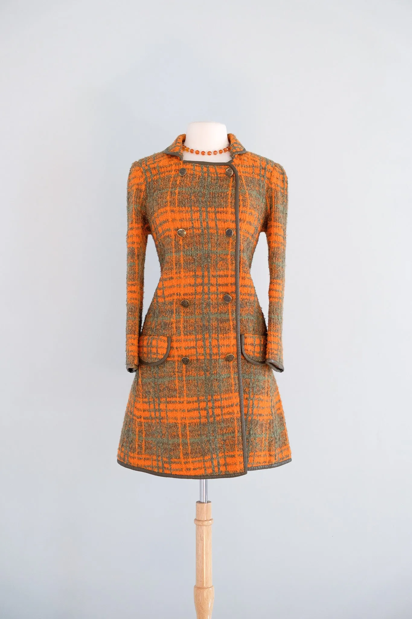 Vintage 1960's Made in Italy Green & Orange Plaid Boucle Wool Coat / ML