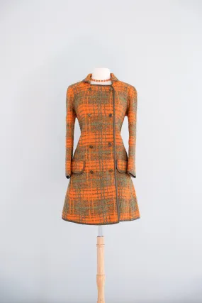 Vintage 1960's Made in Italy Green & Orange Plaid Boucle Wool Coat / ML